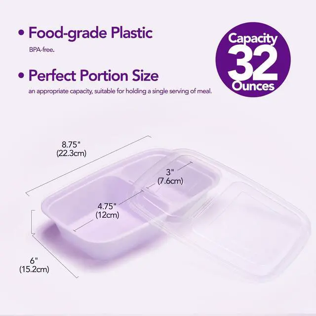Alt view image 4 of 7 - 50 Pack Purple Meal Prep Containers Reusable 2 Compartments, Glotoch 32OZ to Go Containers for Food, Disposable Plastic Food Containers with Lids for Microwave Dishwasher Freezer Safe