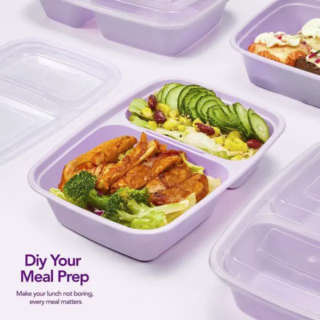 Alt view image 5 of 7 - 50 Pack Purple Meal Prep Containers Reusable 2 Compartments, Glotoch 32OZ to Go Containers for Food, Disposable Plastic Food Containers with Lids for Microwave Dishwasher Freezer Safe
