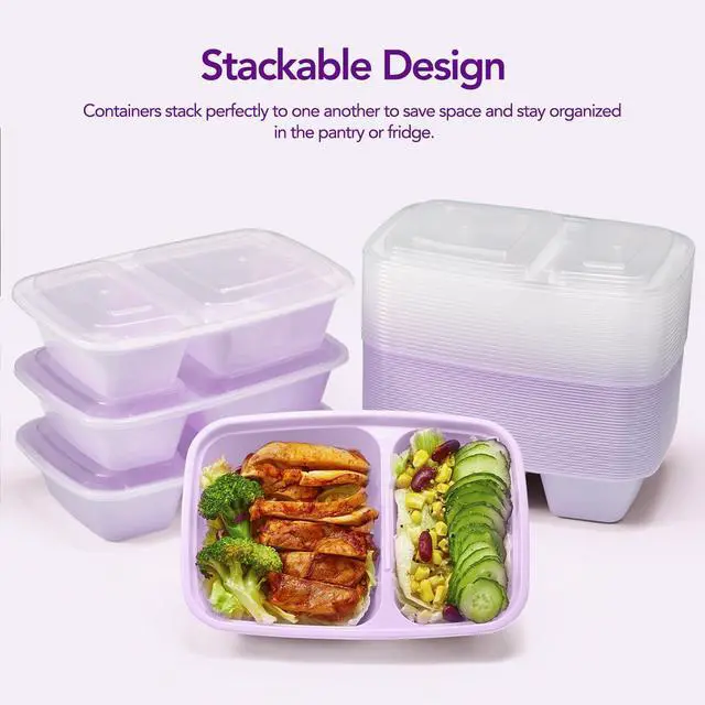 Alt view image 6 of 7 - 50 Pack Purple Meal Prep Containers Reusable 2 Compartments, Glotoch 32OZ to Go Containers for Food, Disposable Plastic Food Containers with Lids for Microwave Dishwasher Freezer Safe