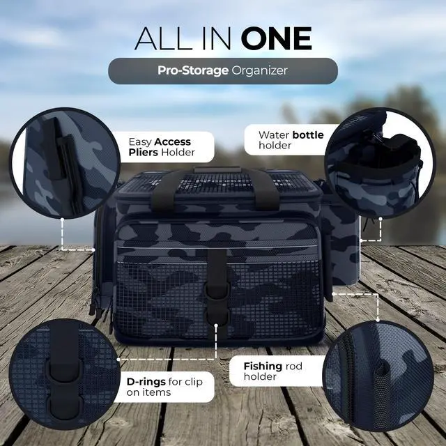 Alt view image 3 of 7 - Fishing Tackle Bag - Water Resistant Camo Tackle Bag with Padded Shoulder Strap, D Ring Hanger, Suitable for 3600 Storage Boxes, Compression Molded Waterproof Non-Slip Bottom