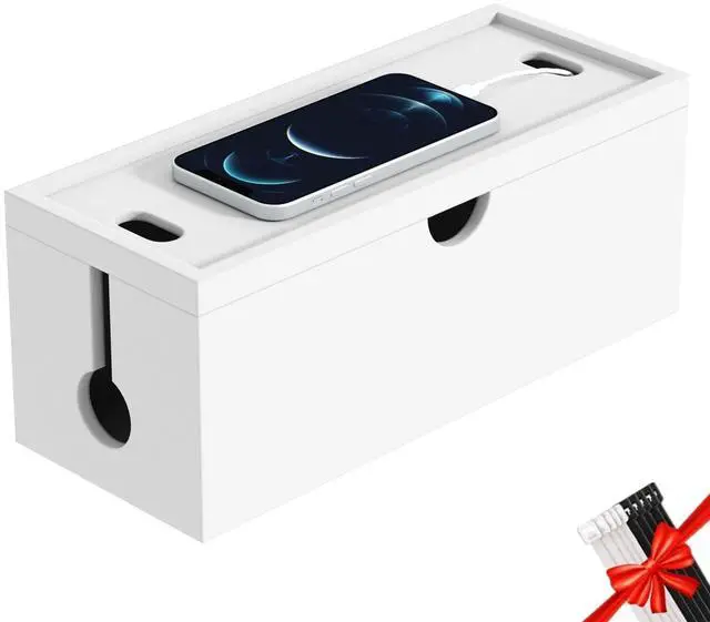 Main image of Bamboo Cable Management Box, Large Cord Organizer Box Cable Box to Hide Wires & Power Strips for Desktop Storage Cord Holder for Office Home,No Assembley Required (All White, 1Medium)