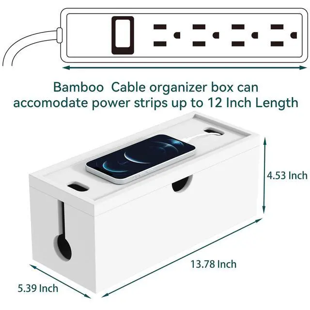 Alt view image 3 of 6 - Bamboo Cable Management Box, Large Cord Organizer Box Cable Box to Hide Wires & Power Strips for Desktop Storage Cord Holder for Office Home,No Assembley Required (All White, 1Medium)