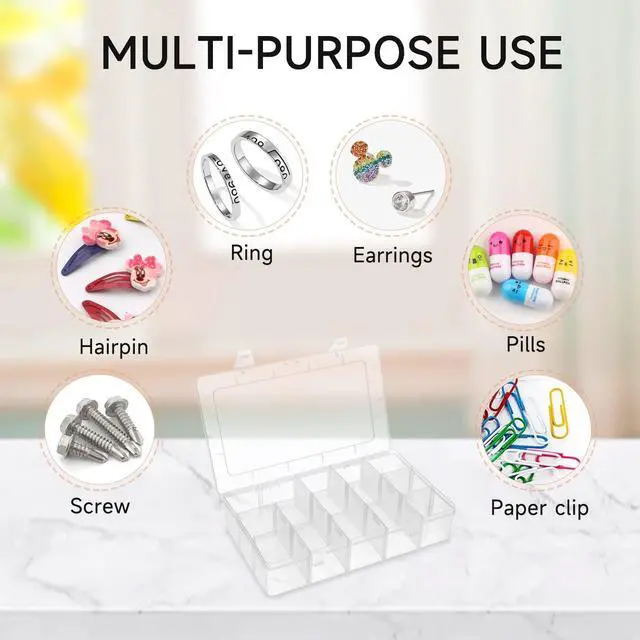 Alt view image 2 of 6 - 15 Grids Clear Plastic Storage Box with Compartment, Craft Organizers and Storage, Transparent Jewelry Storage Box, Small Parts Organizer for Sewing Bead Washi Tape Thread