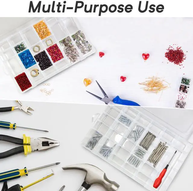 Alt view image 2 of 7 - 2-Pack 36-Grid Clear Organizer Box with Adjustable Dividers Plastic Storage Box for Beads, Rock Collections & Jewelry Small Parts Sorter for Screws, Tackle & Nails (No-Spill Latch)