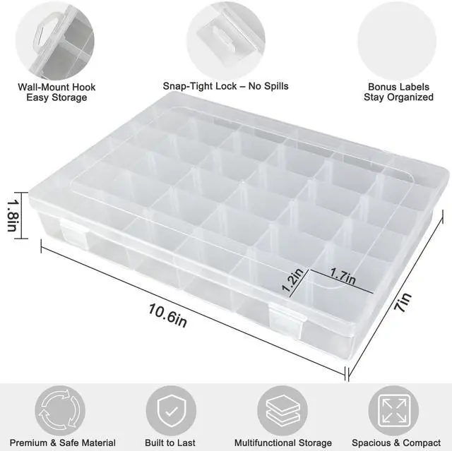 Alt view image 4 of 7 - 2-Pack 36-Grid Clear Organizer Box with Adjustable Dividers Plastic Storage Box for Beads, Rock Collections & Jewelry Small Parts Sorter for Screws, Tackle & Nails (No-Spill Latch)