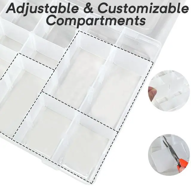 Alt view image 3 of 7 - 2-Pack 36-Grid Clear Organizer Box with Adjustable Dividers Plastic Storage Box for Beads, Rock Collections & Jewelry Small Parts Sorter for Screws, Tackle & Nails (No-Spill Latch)