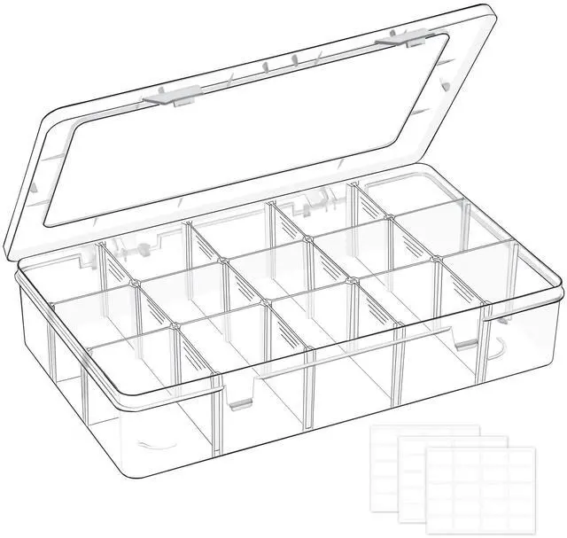 Main image of 15 Grids Large Plastic Organizer Box with Adjustable Dividers, Clear Craft Organizer and Storage Tackle Box Compartment Container with Label Stickers for Beads, Jewelries, Tools