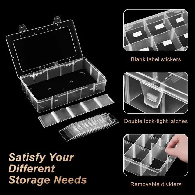Alt view image 3 of 7 - 15 Grids Large Plastic Organizer Box with Adjustable Dividers, Clear Craft Organizer and Storage Tackle Box Compartment Container with Label Stickers for Beads, Jewelries, Tools