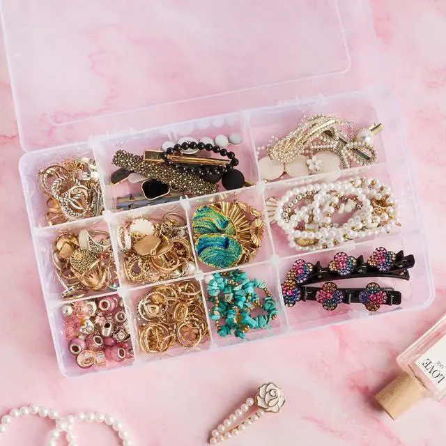 Alt view image 5 of 7 - 15 Grids Large Plastic Organizer Box with Adjustable Dividers, Clear Craft Organizer and Storage Tackle Box Compartment Container with Label Stickers for Beads, Jewelries, Tools