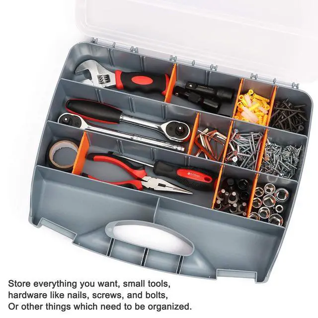 Alt view image 6 of 6 - Hardware Storage Box Tools Organizer Container with Handle and Clear Lid, 21 Adjustable Compartments and 2 Fixed Sections,Perfect for Screws,Nuts, Bolts and Small Parts,15"L x 12.9"W x 2.9"H