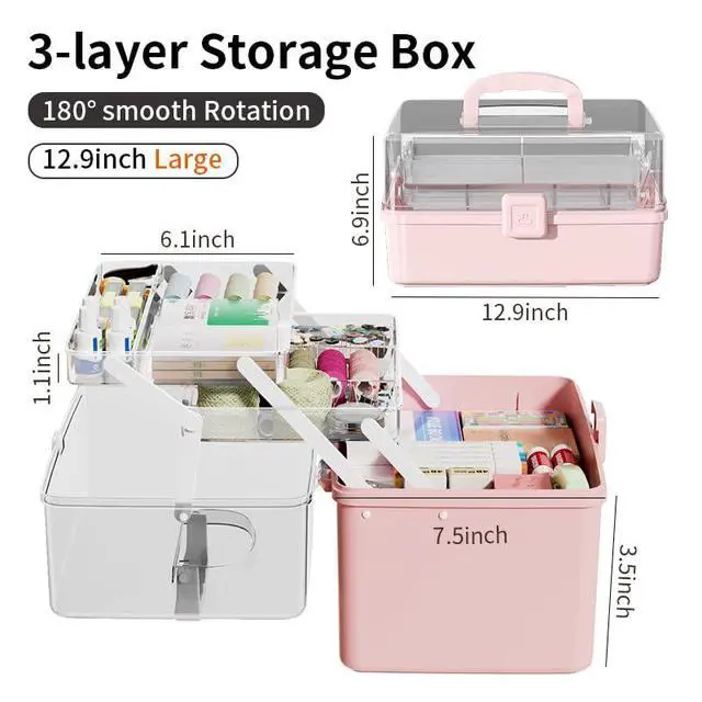 Alt view image 2 of 5 - 12.9in Three-Layer Multipurpose Storage Box with Handle Portable Tackle Box Folding Art & Craft Case Sewing Supplies Organizer for Makeup, Medicine, Nail, Hair Accessories (White)