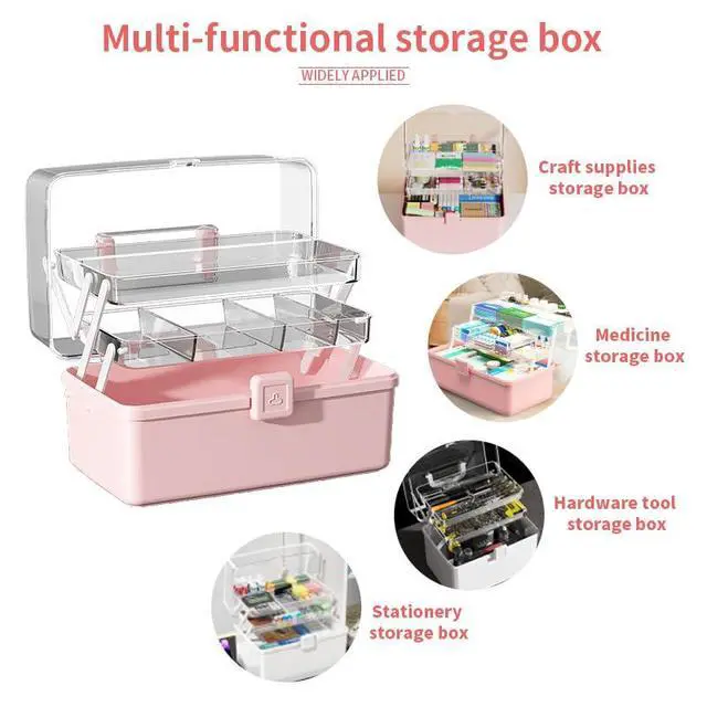 Alt view image 4 of 5 - 12.9in Three-Layer Multipurpose Storage Box with Handle Portable Tackle Box Folding Art & Craft Case Sewing Supplies Organizer for Makeup, Medicine, Nail, Hair Accessories (White)