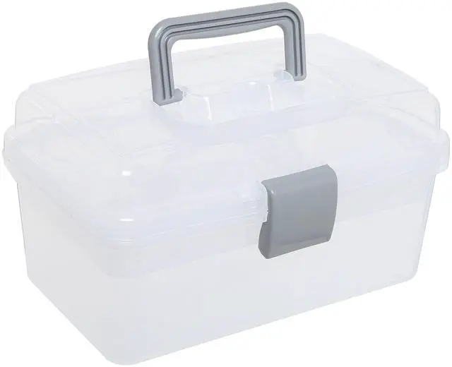 Main image of 10.2 Inch Transparent Plastic Empty Multipurpose Tackle Box with Gray Handle and Removable Tray for Tools, First Aid, Sewing Kit, Arts Crafts Supplies Storage