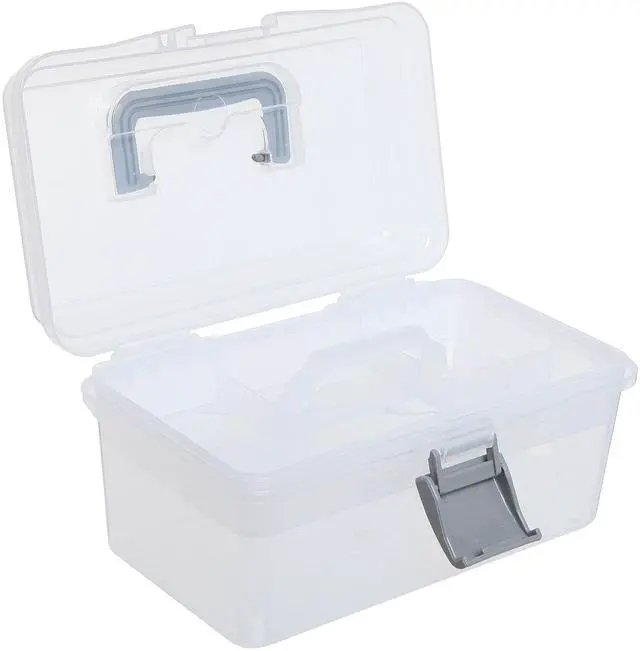 Alt view image 4 of 7 - 10.2 Inch Transparent Plastic Empty Multipurpose Tackle Box with Gray Handle and Removable Tray for Tools, First Aid, Sewing Kit, Arts Crafts Supplies Storage