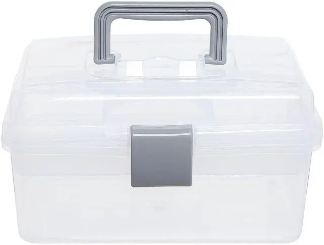 Alt view image 6 of 7 - 10.2 Inch Transparent Plastic Empty Multipurpose Tackle Box with Gray Handle and Removable Tray for Tools, First Aid, Sewing Kit, Arts Crafts Supplies Storage