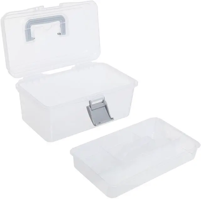 Alt view image 5 of 7 - 10.2 Inch Transparent Plastic Empty Multipurpose Tackle Box with Gray Handle and Removable Tray for Tools, First Aid, Sewing Kit, Arts Crafts Supplies Storage