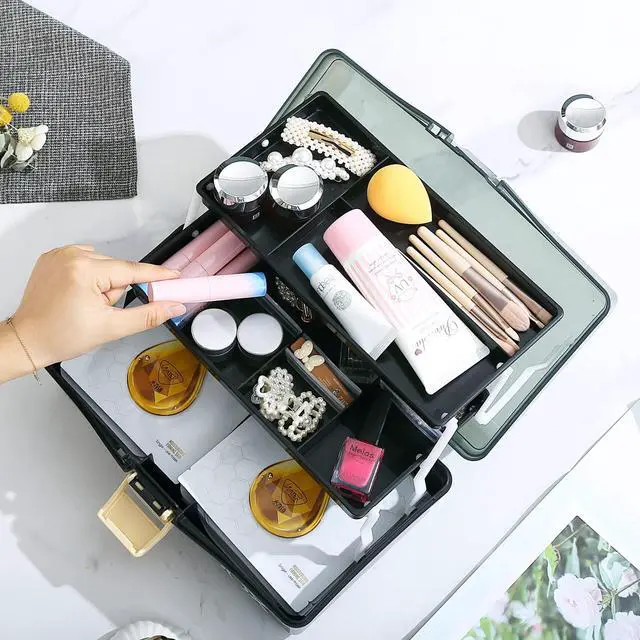 Alt view image 6 of 6 - 12'' Three-Layer Clear Plastic Storage Box/Tool Box, Multipurpose Organizer and Portable Handled Storage Case for Art Craft and Cosmetic (Black)