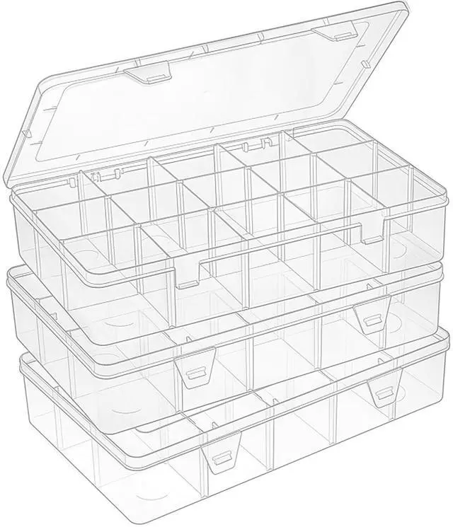 Main image of 3 Pack 15 Grids Large Plastic Storage Organizer Box,15 Compartments with Dividers for Tackle Box, Beads, Washi Tape, Ribbon, Crafts, Art Supply 10.9X6.5X2.2inch