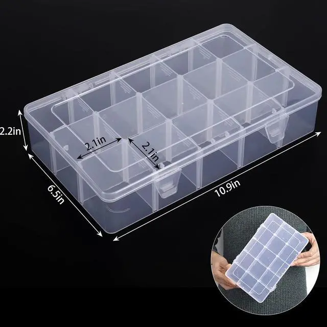 Alt view image 2 of 6 - 3 Pack 15 Grids Large Plastic Storage Organizer Box,15 Compartments with Dividers for Tackle Box, Beads, Washi Tape, Ribbon, Crafts, Art Supply 10.9X6.5X2.2inch