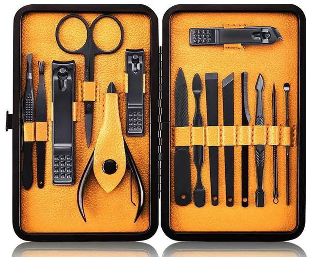 Main image of Professional Stainless Steel Nail Clipper Travel & Grooming Kit Nail Tools Manicure & Pedicure Set of 15pcs with Luxurious Case (Black/Yellow)
