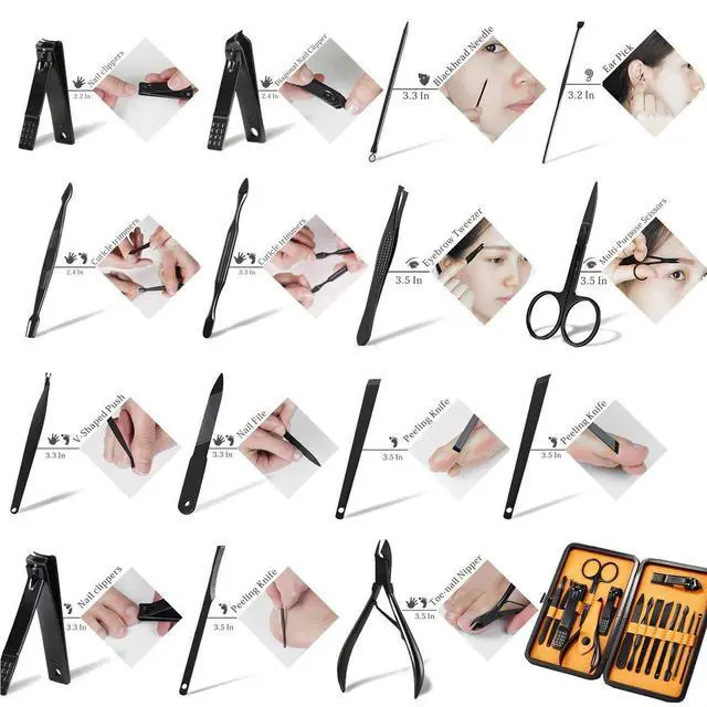 Alt view image 6 of 7 - Professional Stainless Steel Nail Clipper Travel & Grooming Kit Nail Tools Manicure & Pedicure Set of 15pcs with Luxurious Case (Black/Yellow)