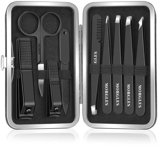 Main image of Tweezers Set and Nail Clippers, 9 Pcs Stainless Steel Tweezers Kit for Men Professional Manicure Set for Men Grooming Kit With Leather Travel Case