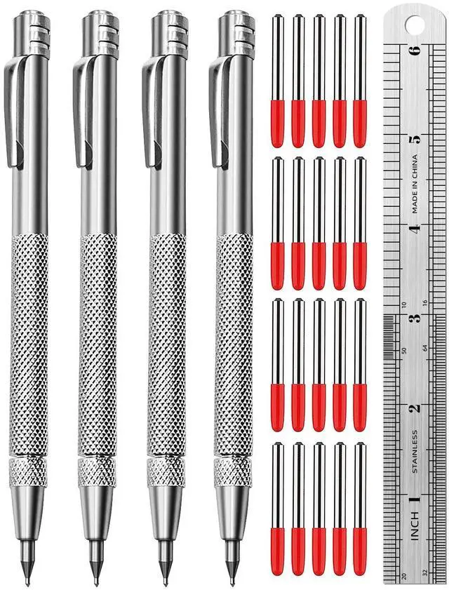 Main image of Tungsten Carbide Scriber, Knurled Aluminum Handle, 4-Pack with Bonus Marking Tips and Steel Ruler, Ideal for Detailed Crafting and Carving