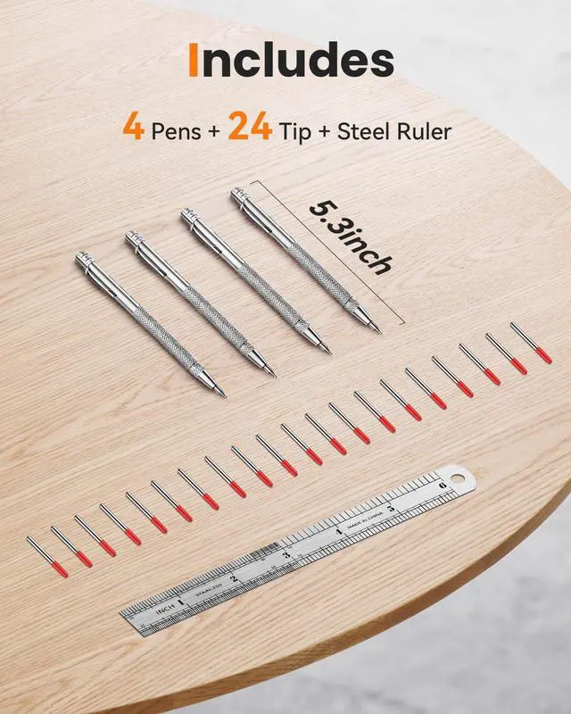 Alt view image 2 of 6 - Tungsten Carbide Scriber, Knurled Aluminum Handle, 4-Pack with Bonus Marking Tips and Steel Ruler, Ideal for Detailed Crafting and Carving