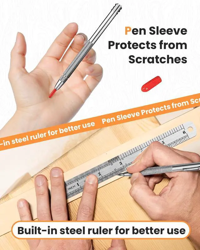 Alt view image 4 of 6 - Tungsten Carbide Scriber, Knurled Aluminum Handle, 4-Pack with Bonus Marking Tips and Steel Ruler, Ideal for Detailed Crafting and Carving