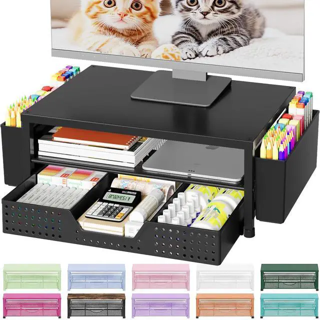 Main image of Desk Organizers and Accessories, Computer Monitor Stand Riser with Drawer and 2 Pen Holders, Laptop Stand, Office Desk Accessories & Workspace Organizers for Home Office Supplies, Black