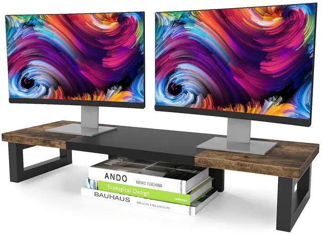 Main image of Dual Monitor Stand Riser, Wood and Steel Multi-Purpose Desktop Storage Stand for 2 Monitors for Computer, Laptop, Printer, TV, Rustic Brown