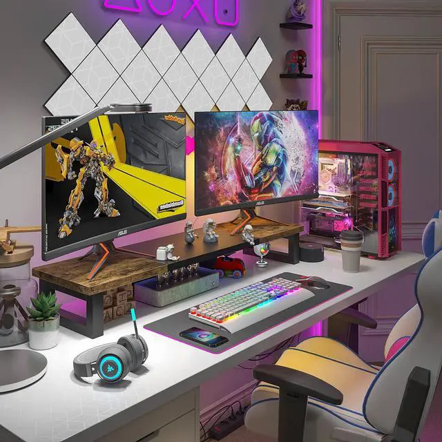 Alt view image 3 of 6 - Dual Monitor Stand Riser, Wood and Steel Multi-Purpose Desktop Storage Stand for 2 Monitors for Computer, Laptop, Printer, TV, Rustic Brown