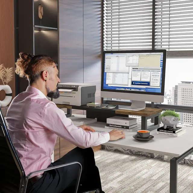 Alt view image 2 of 6 - Dual Monitor Stand Riser, Wood and Steel Multi-Purpose Desktop Storage Stand for 2 Monitors for Computer, Laptop, Printer, TV, Rustic Brown