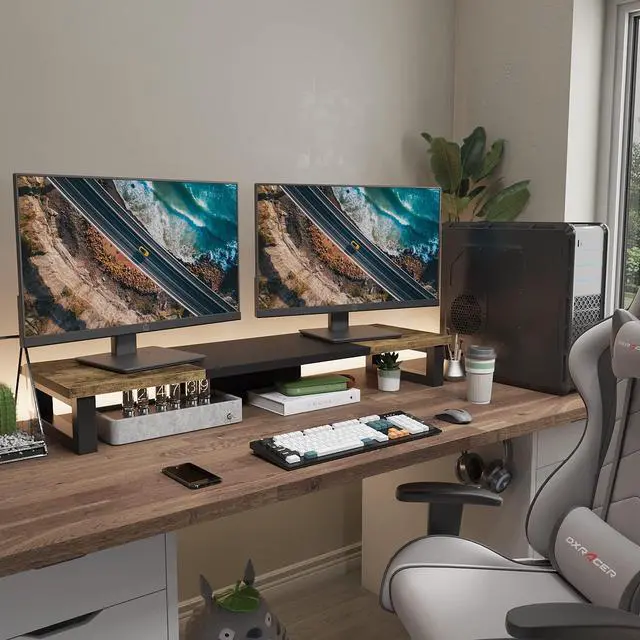 Alt view image 5 of 6 - Dual Monitor Stand Riser, Wood and Steel Multi-Purpose Desktop Storage Stand for 2 Monitors for Computer, Laptop, Printer, TV, Rustic Brown