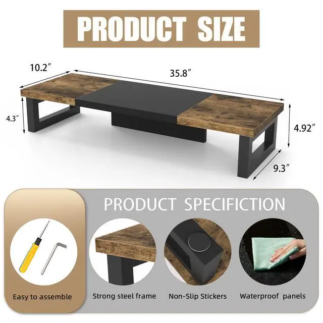 Alt view image 6 of 6 - Dual Monitor Stand Riser, Wood and Steel Multi-Purpose Desktop Storage Stand for 2 Monitors for Computer, Laptop, Printer, TV, Rustic Brown