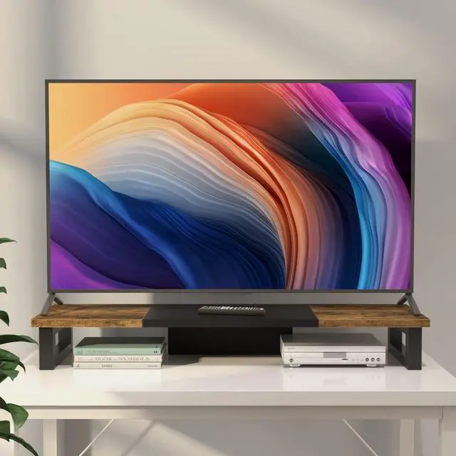 Alt view image 4 of 6 - Dual Monitor Stand Riser, Wood and Steel Multi-Purpose Desktop Storage Stand for 2 Monitors for Computer, Laptop, Printer, TV, Rustic Brown