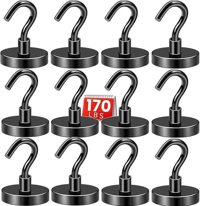 Main image of Black Magnetic Hooks, 170 LB Heavy Duty Strong Magnets with Hooks Rare Earth Neodymium Fridge Magnet for Grill Hanging Cruise Cabins Ship Essentials 12 Packs