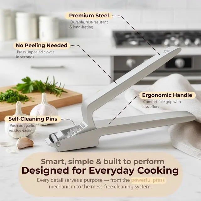 Alt view image 7 of 7 - No Peeling Required, 100% Stainless Steel Garlic Press Odor-free Cleaning, Rust Proof, Detachable Handle, Fine Mincer, 5 years Guarantee, Dishwasher safe garlic crusher tool, Moledor de ajo