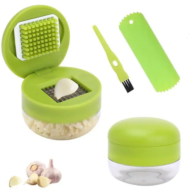 Main image of 2 Pcs Garlic Press Set, Stainless Steel Garlics Crusher with Silicone Peeler and Cleaner Brush, Easy to Use Garlic Chopper for Shredded Garlic, Ginger and Fruit