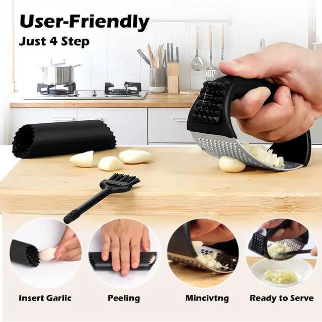 Alt view image 2 of 6 - Stainless Steel Garlic Press Rocker Set with Garlic Peeler and Cleaning Brush, Garlic Mincer Tool Kitchen Gadgets Essentials