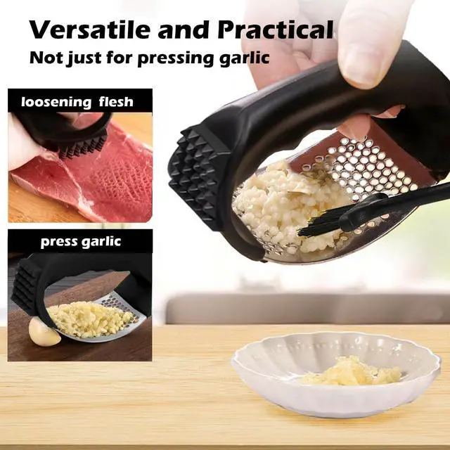 Alt view image 3 of 6 - Stainless Steel Garlic Press Rocker Set with Garlic Peeler and Cleaning Brush, Garlic Mincer Tool Kitchen Gadgets Essentials
