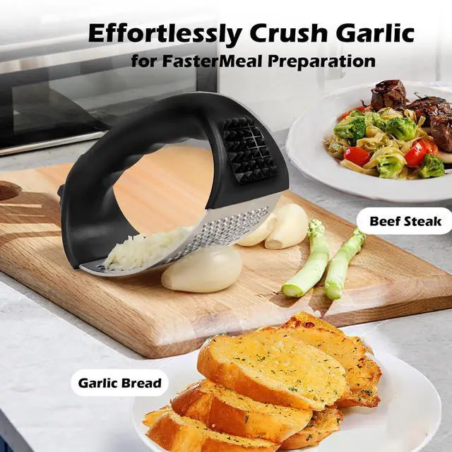 Alt view image 4 of 6 - Stainless Steel Garlic Press Rocker Set with Garlic Peeler and Cleaning Brush, Garlic Mincer Tool Kitchen Gadgets Essentials