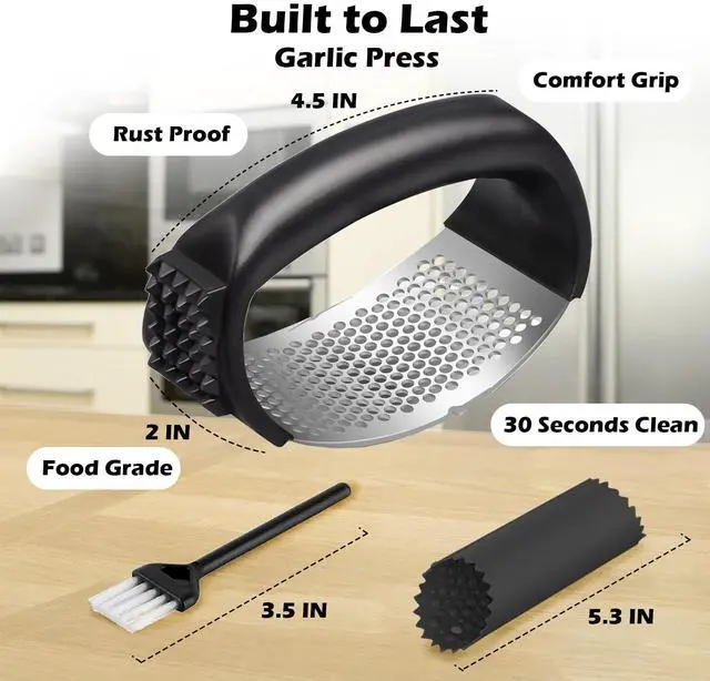 Alt view image 6 of 6 - Stainless Steel Garlic Press Rocker Set with Garlic Peeler and Cleaning Brush, Garlic Mincer Tool Kitchen Gadgets Essentials