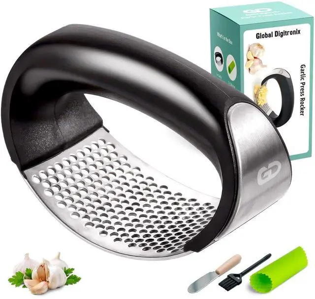 Main image of Press Rocker Stainless Steel Garlic Mincer, Crusher & Chopper Tool with Peeler, Spatula & Brush Easy-Press Garlic Press for Mincing Cloves, Ginger & Nuts, Comfortable Ergonomic Handle