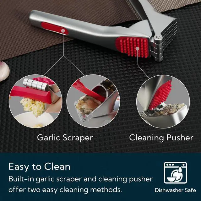 Alt view image 3 of 6 - Heavy-duty Garlic Press with Built-in Scraper & Cleaning Pusher, No Peeling Garlic Crusher with Large Chamber, Zinc Alloy Garlic Mincer, Dishwasher Safe