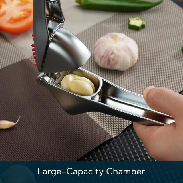 Alt view image 4 of 6 - Heavy-duty Garlic Press with Built-in Scraper & Cleaning Pusher, No Peeling Garlic Crusher with Large Chamber, Zinc Alloy Garlic Mincer, Dishwasher Safe