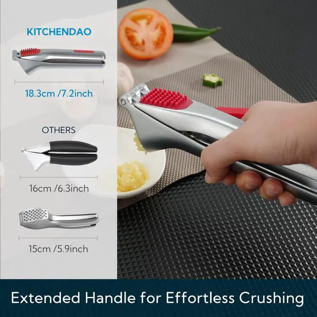 Alt view image 5 of 6 - Heavy-duty Garlic Press with Built-in Scraper & Cleaning Pusher, No Peeling Garlic Crusher with Large Chamber, Zinc Alloy Garlic Mincer, Dishwasher Safe