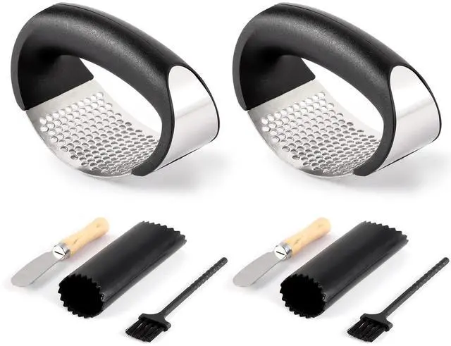 Main image of 2 Pack Garlic Press Rocker, Stainless Steel Garlic Mincer with 2 Peelers, 2 Scrapers and 2 Brushes | Garlic Crusher Garlic Chopper for Smashing Garlic