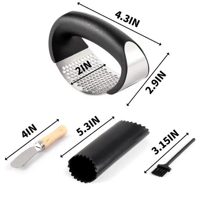 Alt view image 5 of 7 - 2 Pack Garlic Press Rocker, Stainless Steel Garlic Mincer with 2 Peelers, 2 Scrapers and 2 Brushes | Garlic Crusher Garlic Chopper for Smashing Garlic