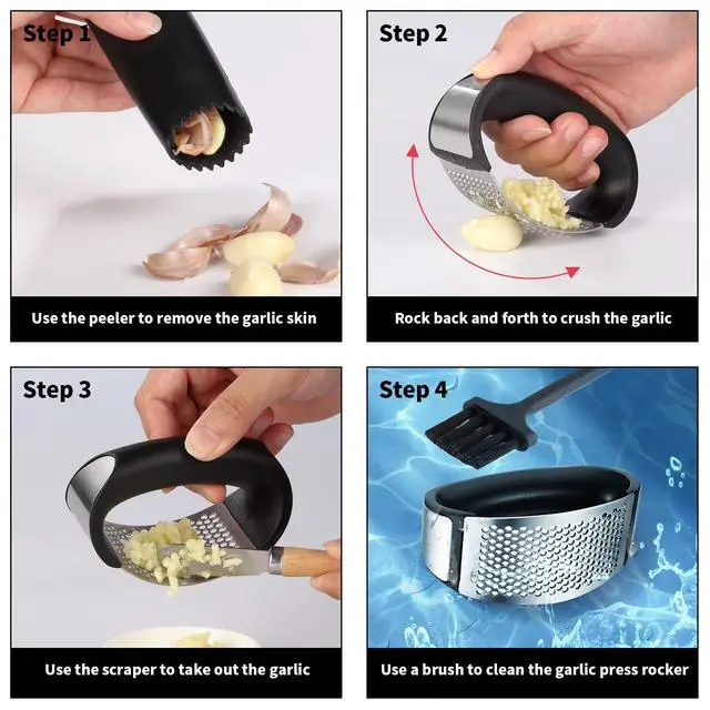 Alt view image 3 of 7 - 2 Pack Garlic Press Rocker, Stainless Steel Garlic Mincer with 2 Peelers, 2 Scrapers and 2 Brushes | Garlic Crusher Garlic Chopper for Smashing Garlic